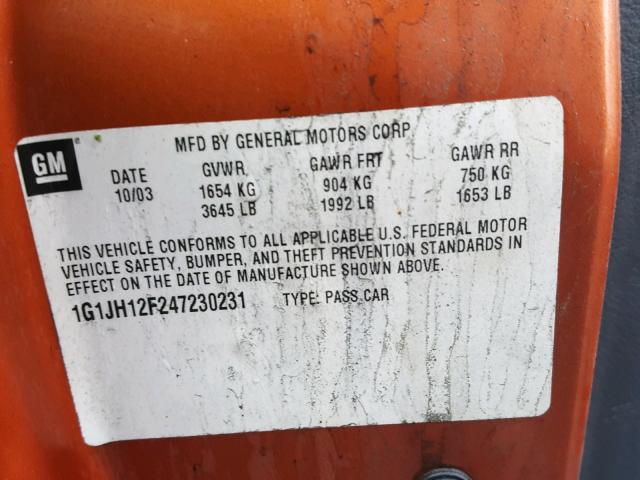 1G1JH12F247230231 - 2004 CHEVROLET CAVALIER L ORANGE photo 10