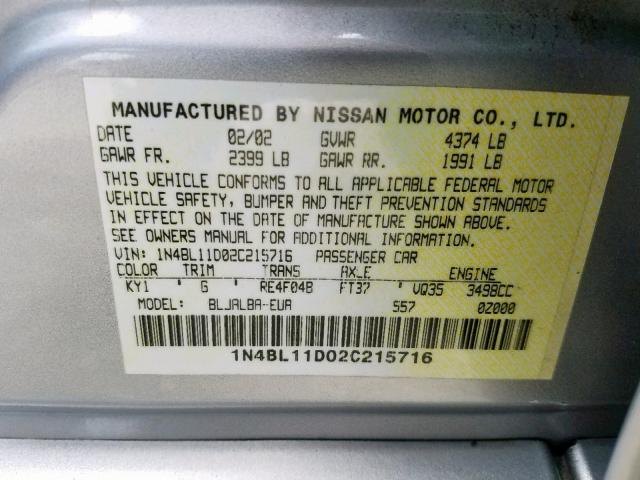 1N4BL11D02C215716 - 2002 NISSAN ALTIMA SE SILVER photo 10