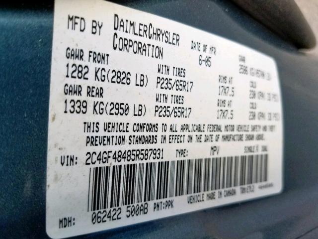 2C4GF48485R587931 - 2005 CHRYSLER PACIFICA GREEN photo 10