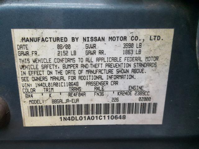 1N4DL01A01C110648 - 2001 NISSAN ALTIMA GXE BLUE photo 10