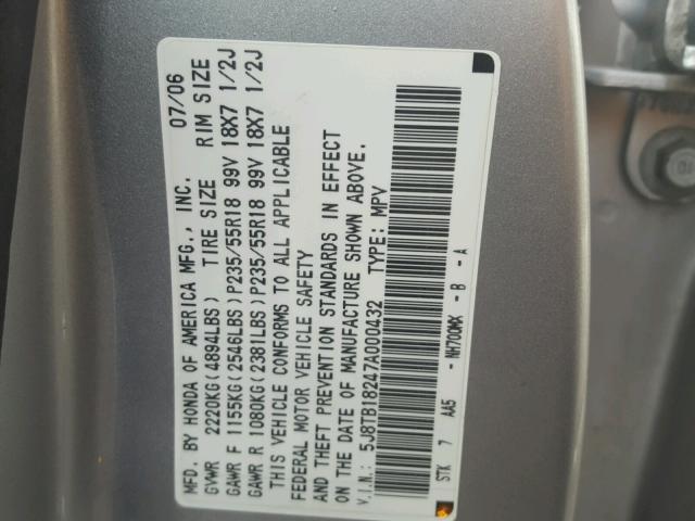 5J8TB18247A000432 - 2007 ACURA RDX SILVER photo 10