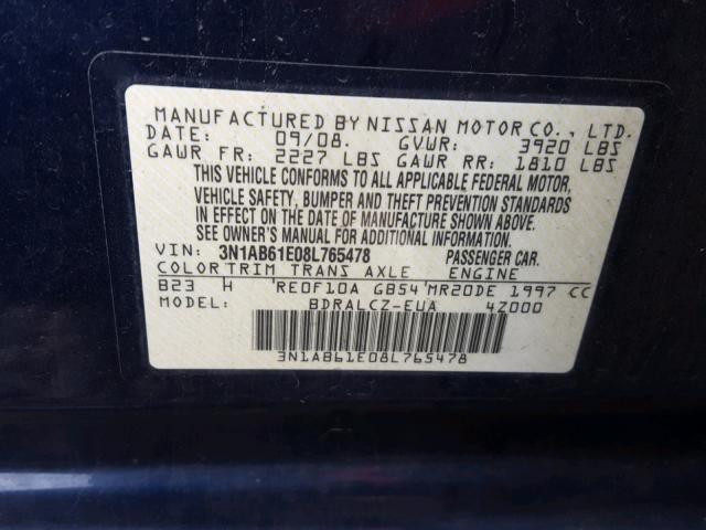 3N1AB61E08L765478 - 2008 NISSAN SENTRA 2.0 BLUE photo 10