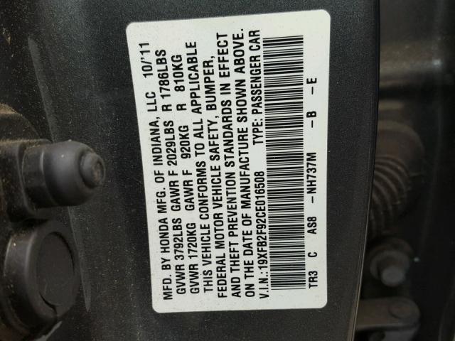 19XFB2F92CE016508 - 2012 HONDA CIVIC EXL GRAY photo 10