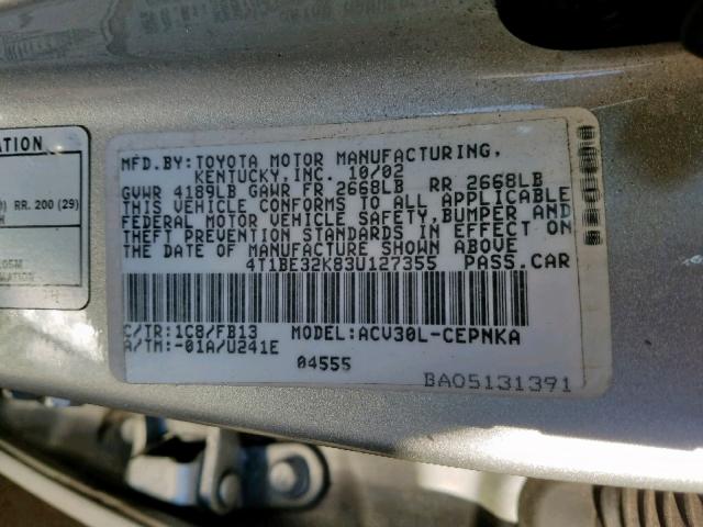 4T1BE32K83U127355 - 2003 TOYOTA CAMRY LE SILVER photo 10