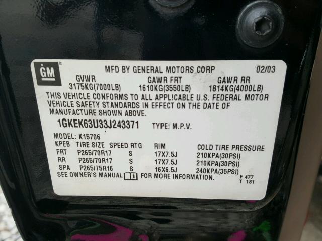 1GKEK63U33J243371 - 2003 GMC YUKON DENA BLACK photo 10