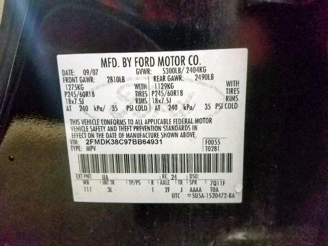 2FMDK38C97BB64931 - 2007 FORD EDGE SEL BLACK photo 10