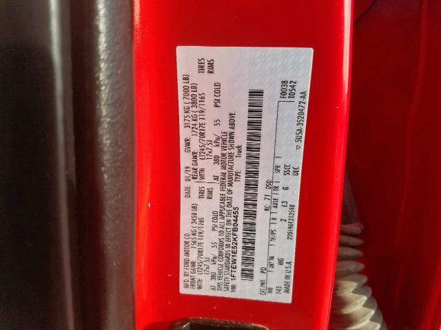 1FTEW1E52KFB04455 - 2019 FORD F150 SUPER RED photo 10