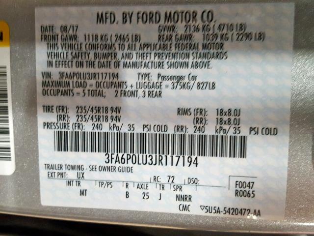 3FA6P0LU3JR117194 - 2018 FORD FUSION SE HYBRID  photo 10