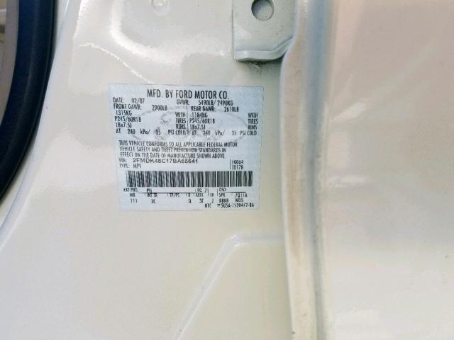 2FMDK48C17BA65641 - 2007 FORD EDGE SEL WHITE photo 10