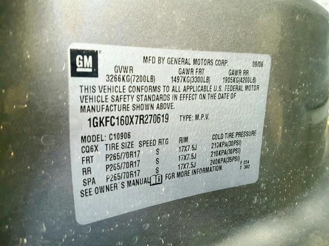 1GKFC160X7R270619 - 2007 GMC YUKON XL C CHARCOAL photo 10