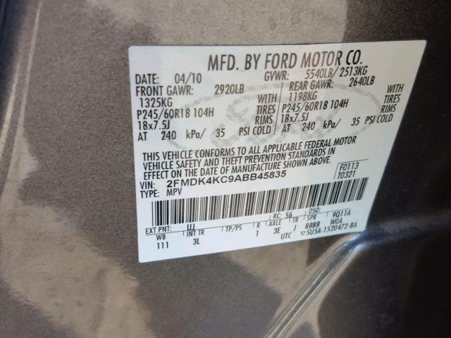 2FMDK4KC9ABB45835 - 2010 FORD EDGE LIMIT GRAY photo 10