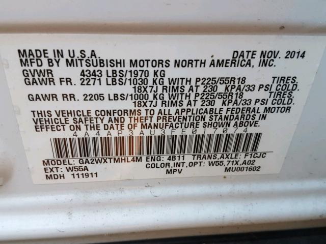 4A4AP3AU3FE017074 - 2015 MITSUBISHI OUTLANDER WHITE photo 10