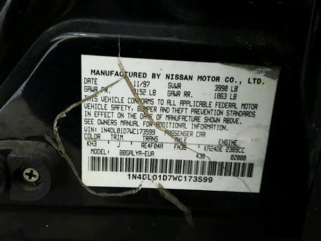 1N4DL01D7WC173599 - 1998 NISSAN ALTIMA XE BLACK photo 10