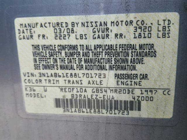 3N1AB61E88L701723 - 2008 NISSAN SENTRA 2.0 GRAY photo 10