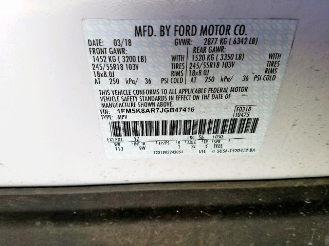 1FM5K8AR7JGB47416 - 2018 FORD EXPLORER P WHITE photo 10