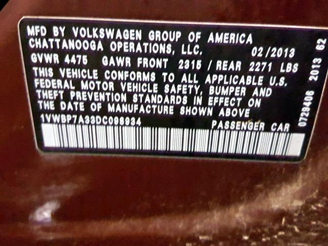 1VWBP7A33DC098934 - 2013 VOLKSWAGEN PASSAT SE MAROON photo 10