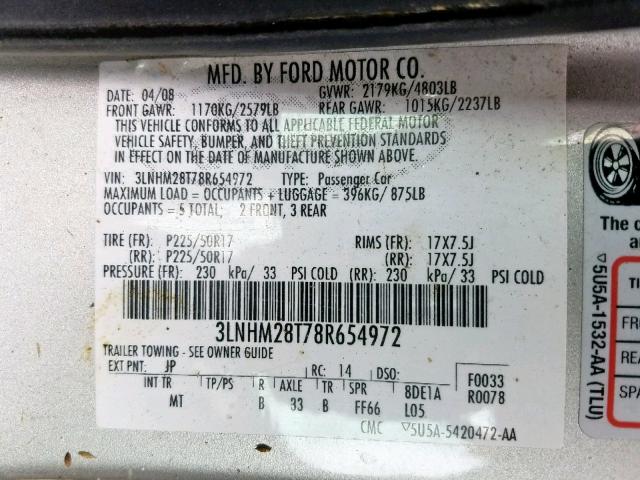 3LNHM28T78R654972 - 2008 LINCOLN MKZ SILVER photo 10