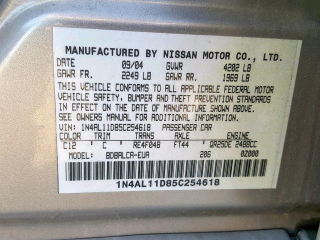 1N4AL11D85C254618 - 2005 NISSAN ALTIMA S TAN photo 10