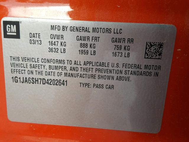 1G1JA6SH7D4202641 - 2013 CHEVROLET SONIC LS 橙色 照片 10