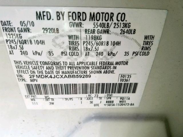 2FMDK4JCXABB59289 - 2010 FORD EDGE SEL WHITE photo 10