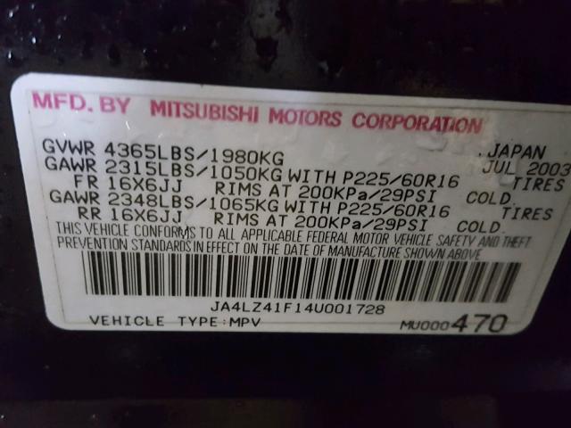 JA4LZ41F14U001728 - 2004 MITSUBISHI OUTLANDER BLACK photo 10