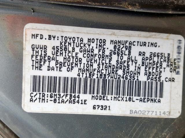 4T1BF18B7WU246351 - 1998 TOYOTA AVALON XL GRAY photo 10