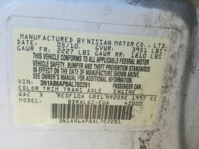 3N1AB6AP8AL702281 - 2010 NISSAN SENTRA 2.0 WHITE photo 10