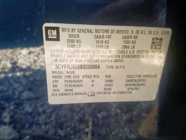 3GYFNJE68BS509984 - 2011 CADILLAC SRX PERFOR BLUE photo 10