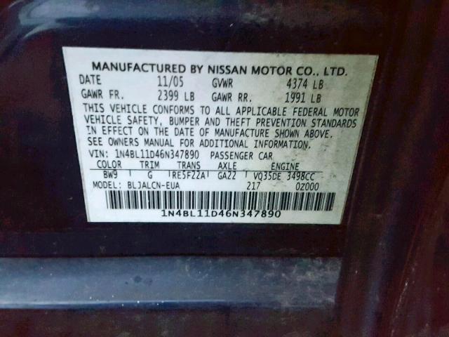 1N4BL11D46N347890 - 2006 NISSAN ALTIMA SE BLUE photo 10