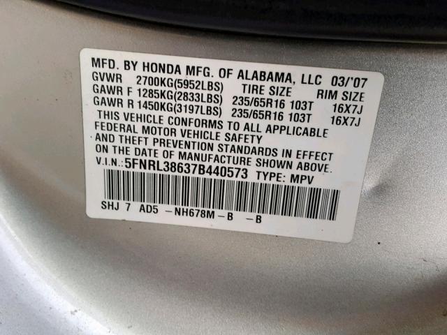 5FNRL38637B440573 - 2007 HONDA ODYSSEY EX SILVER photo 10