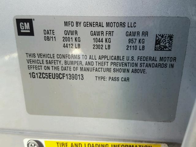 1G1ZC5EU9CF139013 - 2012 CHEVROLET MALIBU 1LT SILVER photo 10