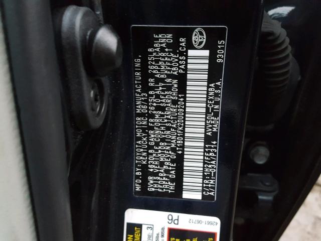 4T1BD1FK2DU092041 - 2013 TOYOTA CAMRY HYBR BLACK photo 10