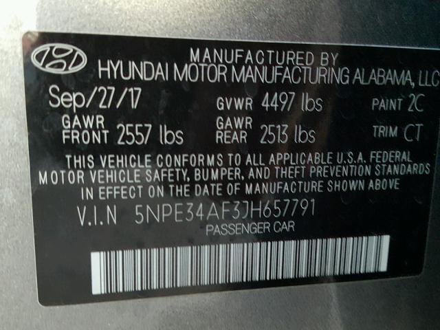 5NPE34AF3JH657791 - 2018 HYUNDAI SONATA SPO CHARCOAL photo 10