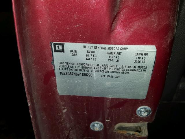 1G2ZL577094270256 - 2009 PONTIAC G6 GXP RED photo 10