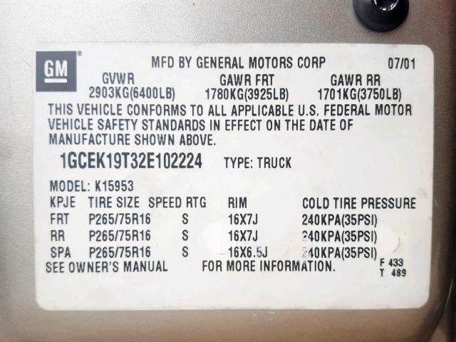 1GCEK19T32E102224 - 2002 CHEVROLET SILVERADO BEIGE photo 10