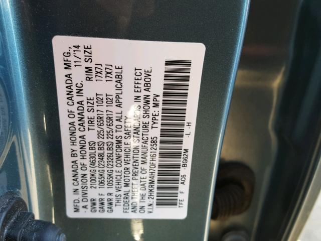 2HKRM4H70FH612585 - 2015 HONDA CR-V EXL BLUE photo 10