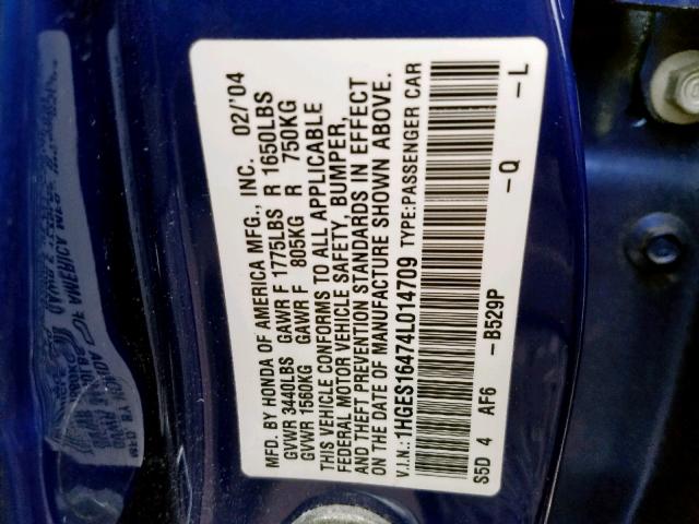 1HGES16474L014709 - 2004 HONDA CIVIC DX BLUE photo 10