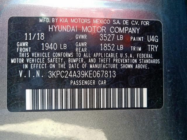 3KPC24A39KE067813 - 2019 HYUNDAI ACCENT SE GRAY photo 10