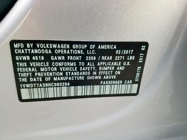 1VWDT7A39HC060294 - 2017 VOLKSWAGEN PASSAT R-L SILVER photo 10