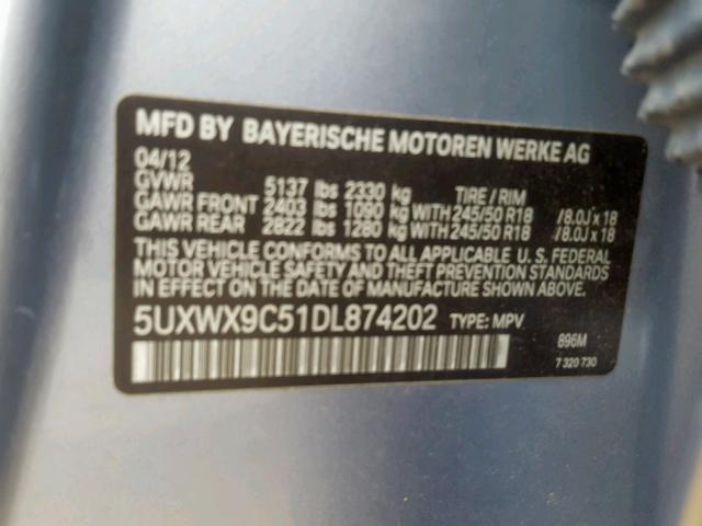 5UXWX9C51DL874202 - 2013 BMW X3 XDRIVE2 BLUE photo 10
