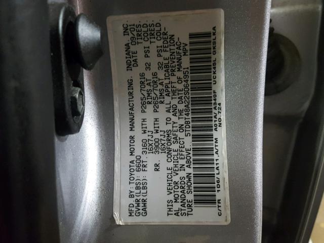 5TDBT48A22S064951 - 2002 TOYOTA SEQUOIA LI SILVER photo 10