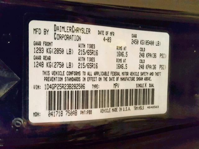 1D4GP25R23B282506 - 2003 DODGE CARAVAN SE BLUE photo 10