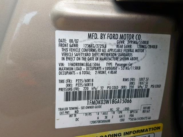 1FMDK03W18GA15066 - 2008 FORD TAURUS X L GOLD photo 10