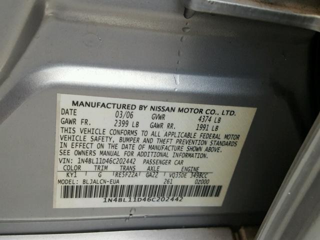 1N4BL11D46C202442 - 2006 NISSAN ALTIMA SE SILVER photo 10