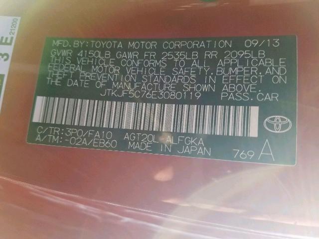 JTKJF5C76E3080119 - 2014 TOYOTA SCION TC წითელი ფოტო 10