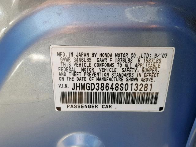 JHMGD38648S013281 - 2008 HONDA FIT SPORT BLUE photo 10