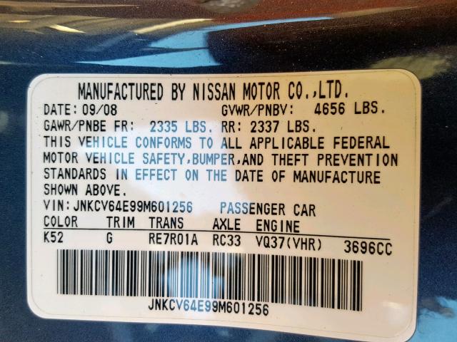 JNKCV64E99M601256 - 2009 INFINITI G37 BASE BLACK photo 10