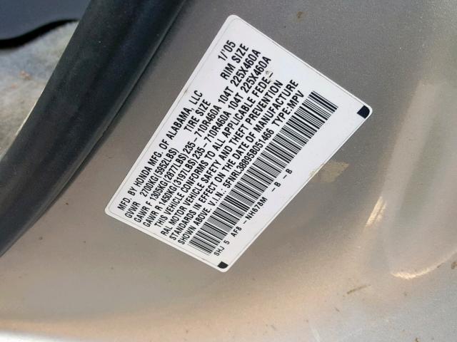 5FNRL38895B051466 - 2005 HONDA ODYSSEY TO SILVER photo 10