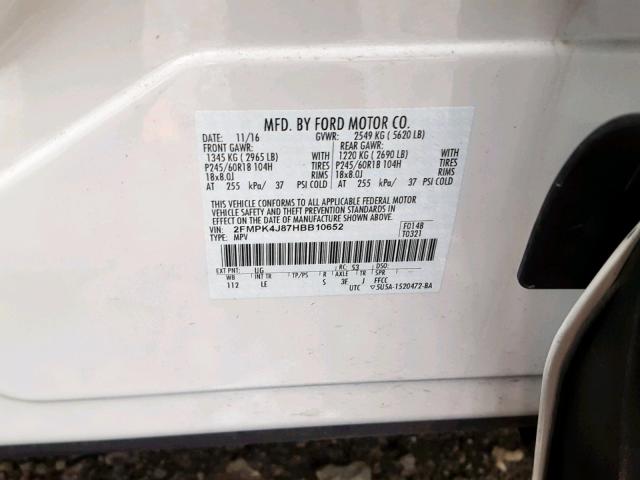 2FMPK4J87HBB10652 - 2017 FORD EDGE SEL WHITE photo 10