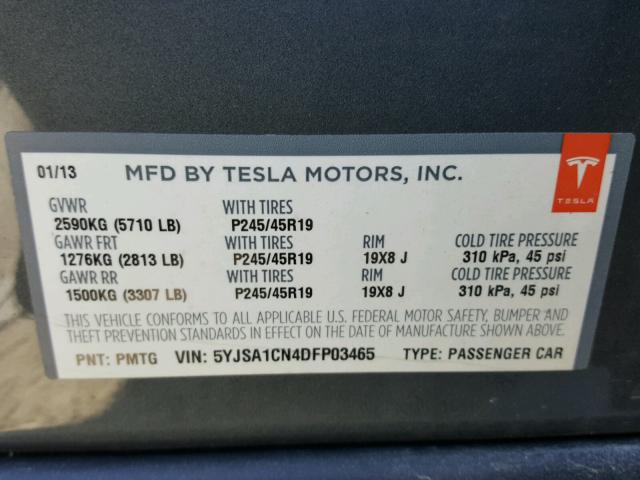 5YJSA1CN4DFP03465 - 2013 TESLA MODEL S GRAY photo 10